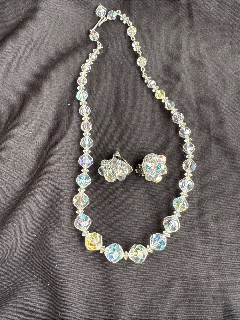 Vintage Aurora Borealis Crystal Glass Bead Necklace and Clip-On Earrings